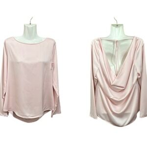 Halogen Long Sleeve Blouse Pink Draped Cowl Open Back Quiet Luxury Sz Large NWT